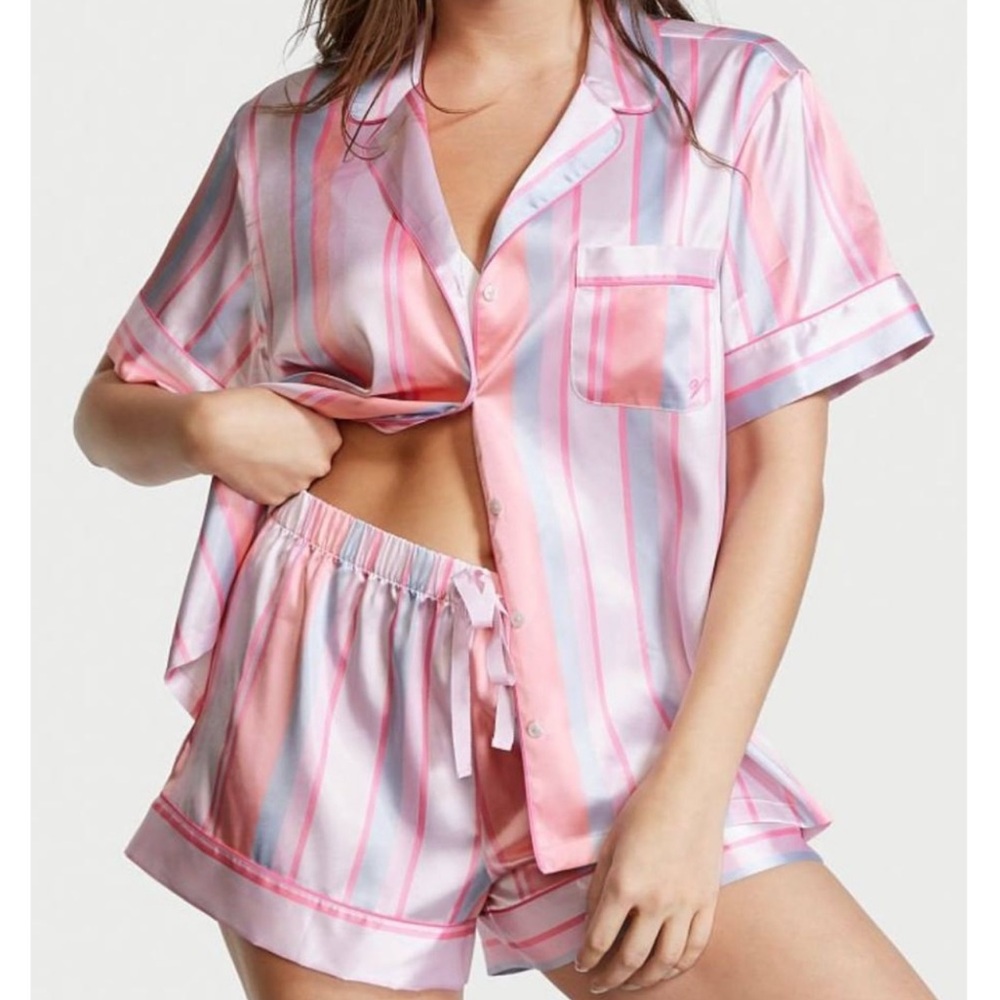 NWT Victoria's Secret XXL 2 Pc Satin Short Pajama Set Sleep Multicolor Stripes
